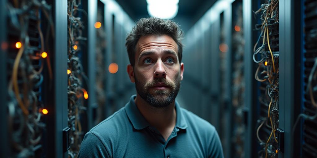 Stressed IT professional looking at server hardware