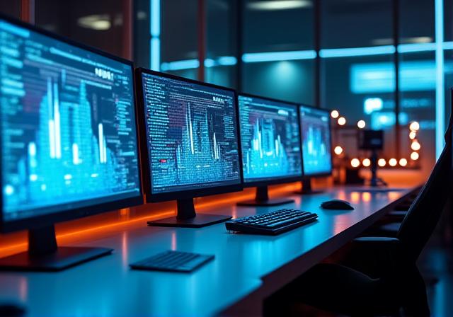 Modern high-tech workspace with futuristic data overlays representing LuminaTech's global IT capabilities