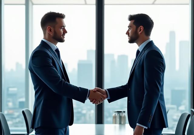 Professional business partners shaking hands in a bright, modern office overlooking a tech hub