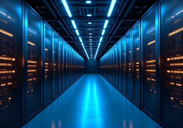 Modern server room with blue lighting representing comprehensive IT solutions